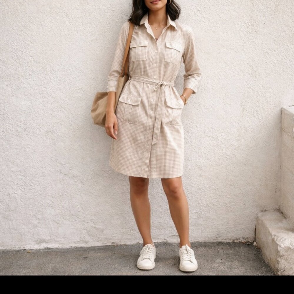 J.Crew women's checked  shirtdress cream size Med